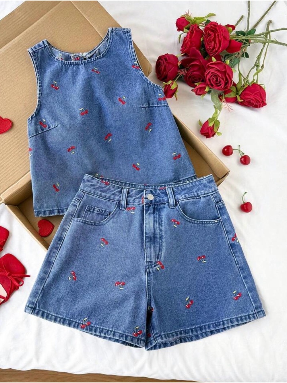 Cherry Embroidered Denim Shorts and Top